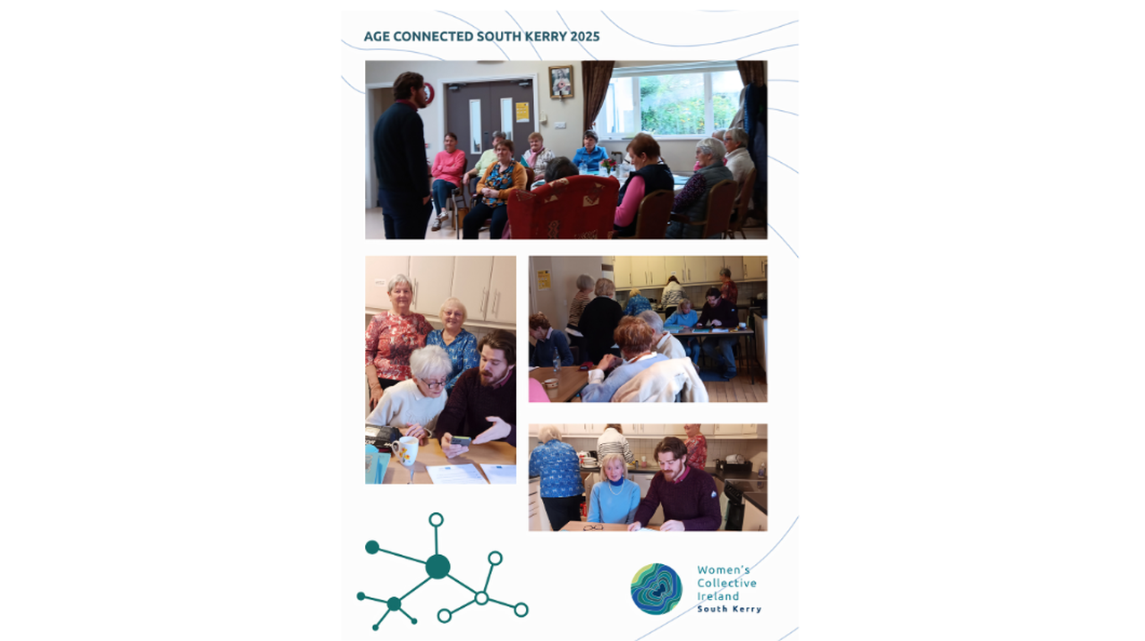 Collage of community activities with seniors engaged in discussions and learning, organized by Women's Collective Ireland South Kerry.